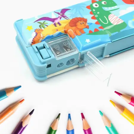 Multipurpose Compass Box, Plastic Double Deck Pencil Case with 2 Compartments, Supplies Utility Box Storage Organizer, Pencil Box for School, Cartoon Printed Pencil Case for Kids.